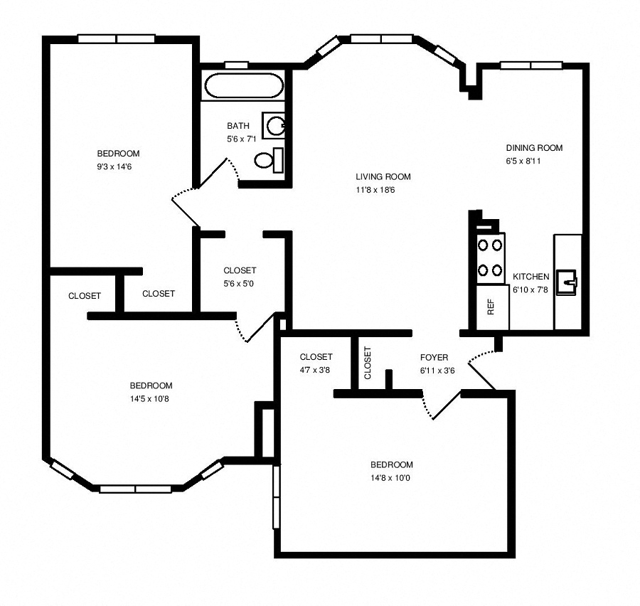 Floor plan for 3 beds, 1 bath, 893 sqft